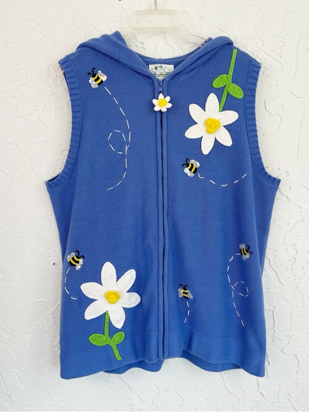 Vintage Blue Floral Bee Spring Embroidered Sleeveless Hoodie Size 1X Cottagecore